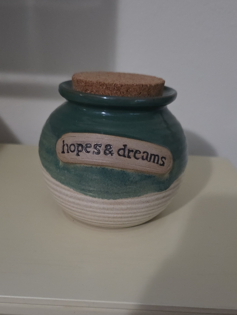 Vintage Hopes & Dreams Ceramic Jar with Cork Lid - Teal and Cream